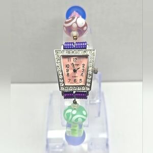 Womens Unique Corsage Watch Silver Tone Pink Colorful Glass Beads New Battery